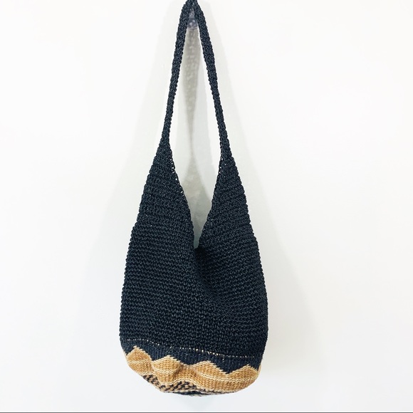 Handbags - Black and Tan straw hobo bag with boho bottom Handbags - Black and Tan straw hobo bag with boho bottom